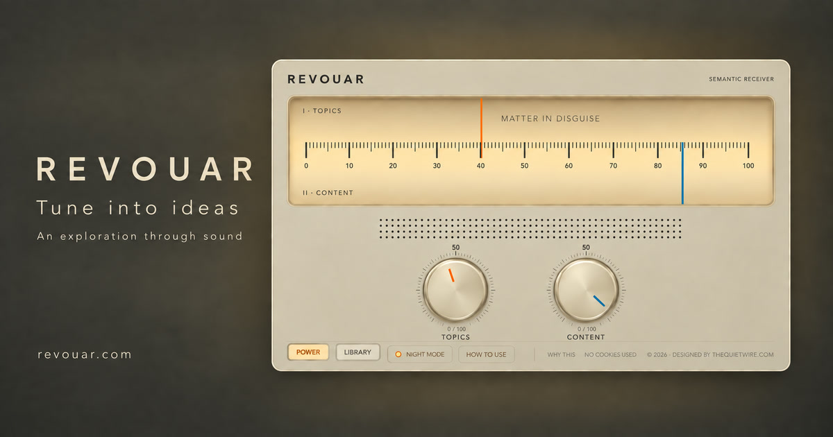 REVOUAR’s round-knob interface in warm amber night mode beside the words Tune into ideas.